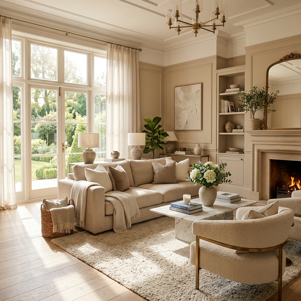 Cozy living room with beige sofa, armchairs, fireplace, and large windows overlooking garden