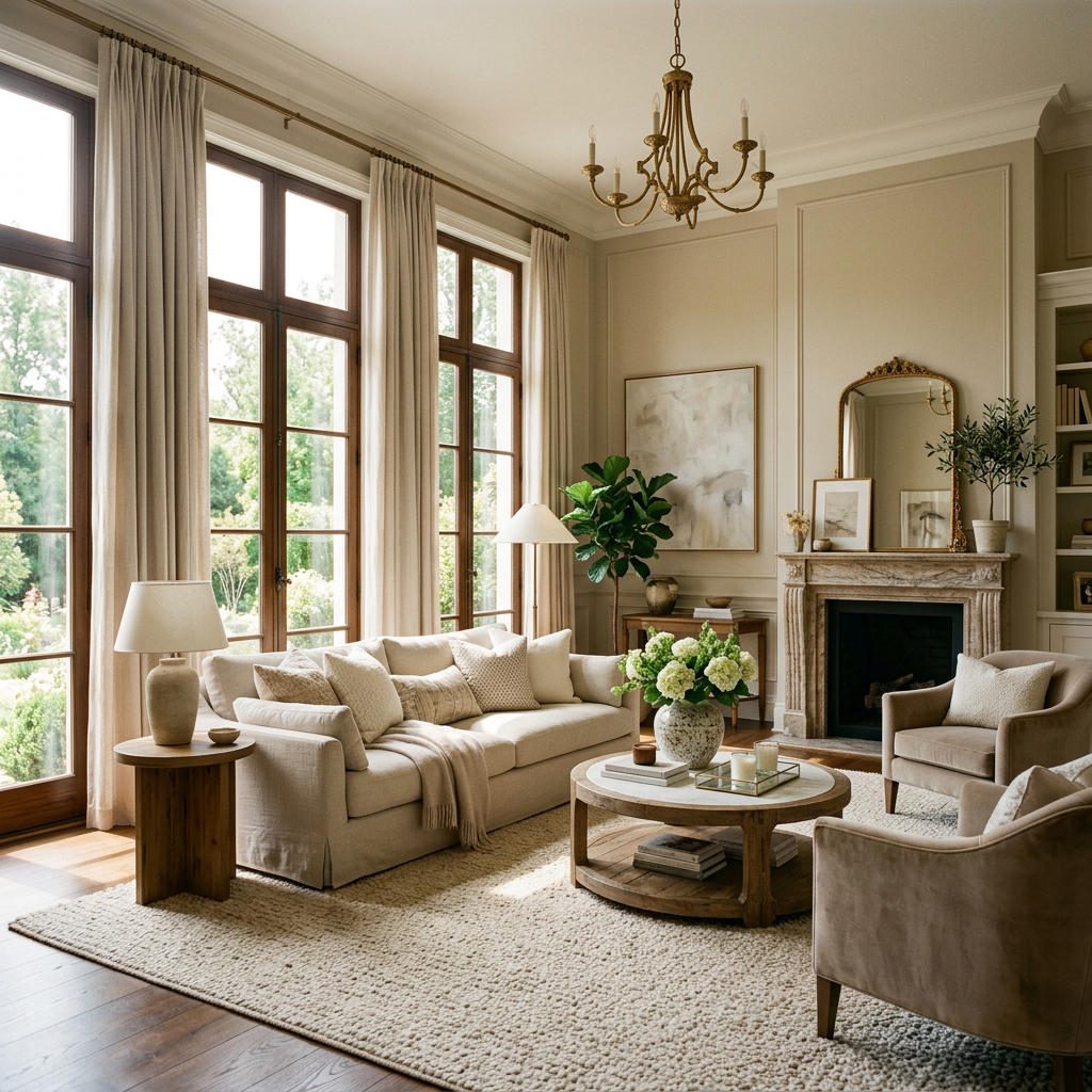Living room with beige sofa, armchairs, round wooden coffee table, large windows, and fireplace