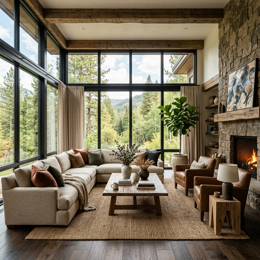 Modern living room with large windows showing forest and mountains, beige sectional sofa, wooden coffee table, and stone fireplace.