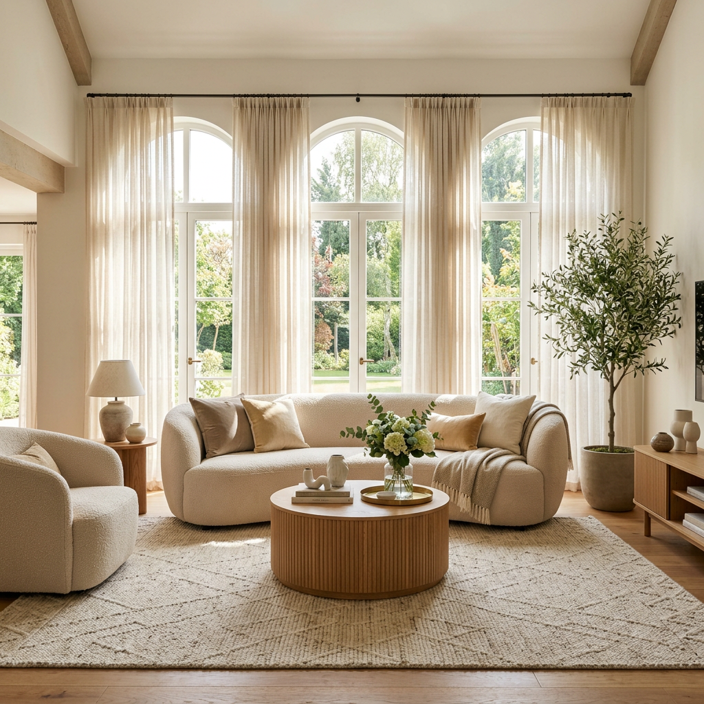 Living room with large arched windows, beige sofa, armchair, coffee table, and indoor plant