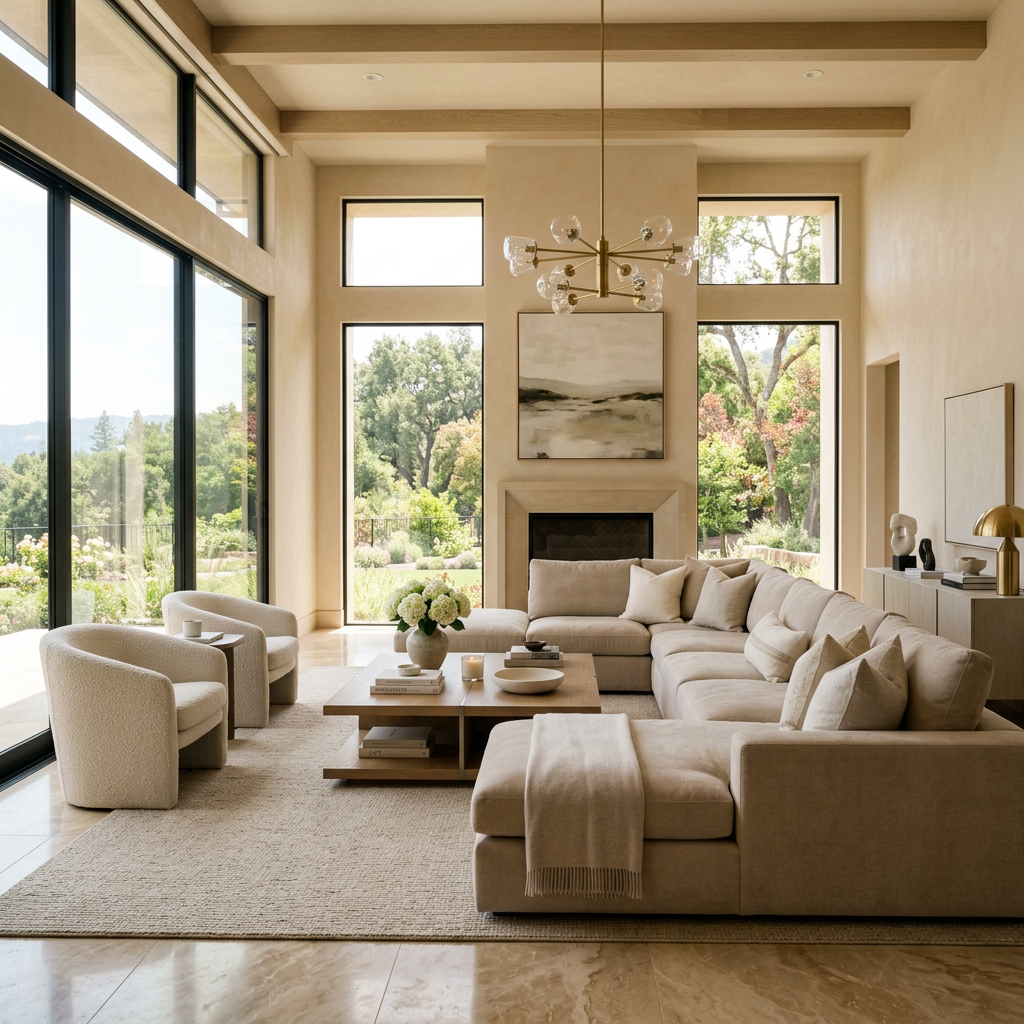 Luxurious beige living room floor-to-ceiling windows streaming light