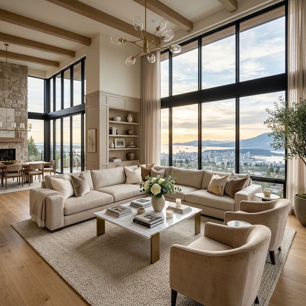 Modern living room with large windows showing city skyline and mountains at sunset