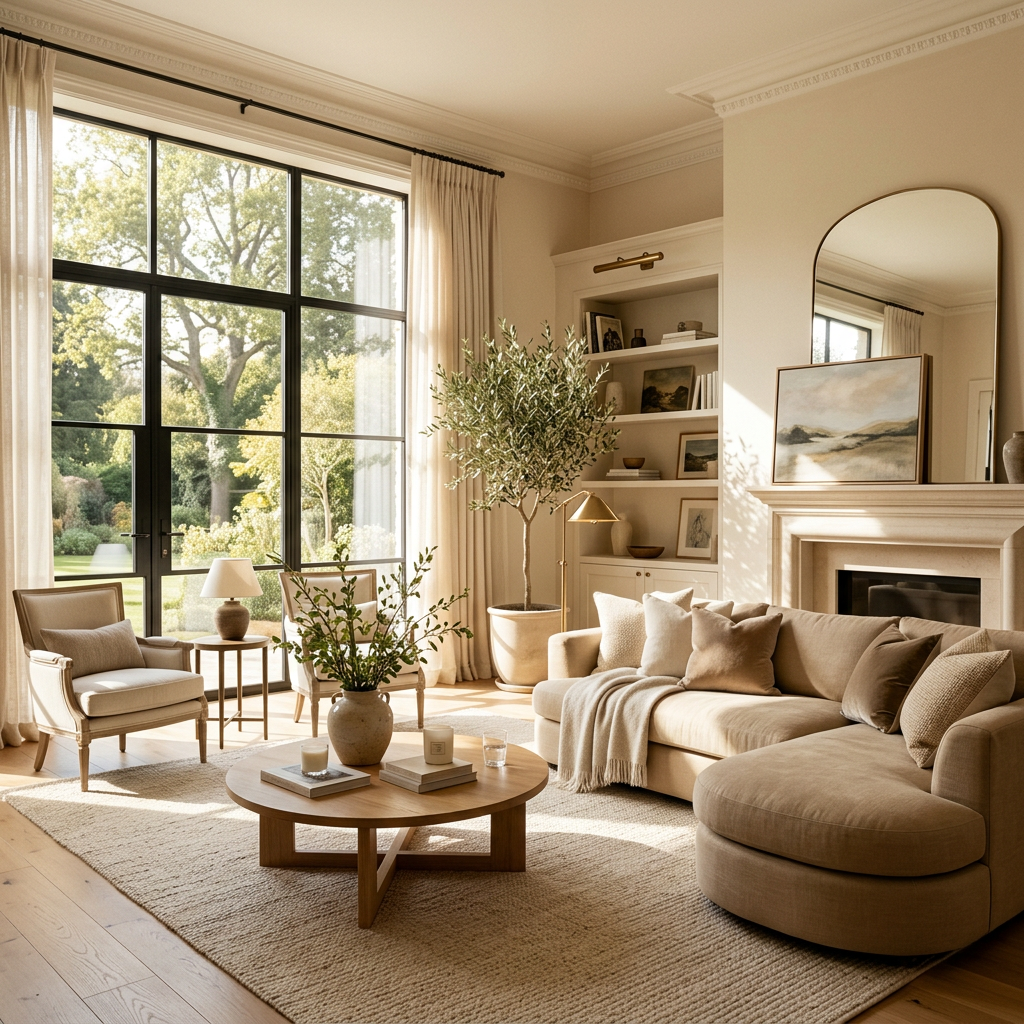 Bright living room with beige sofa, round wooden table, armchairs, and large windows overlooking garden