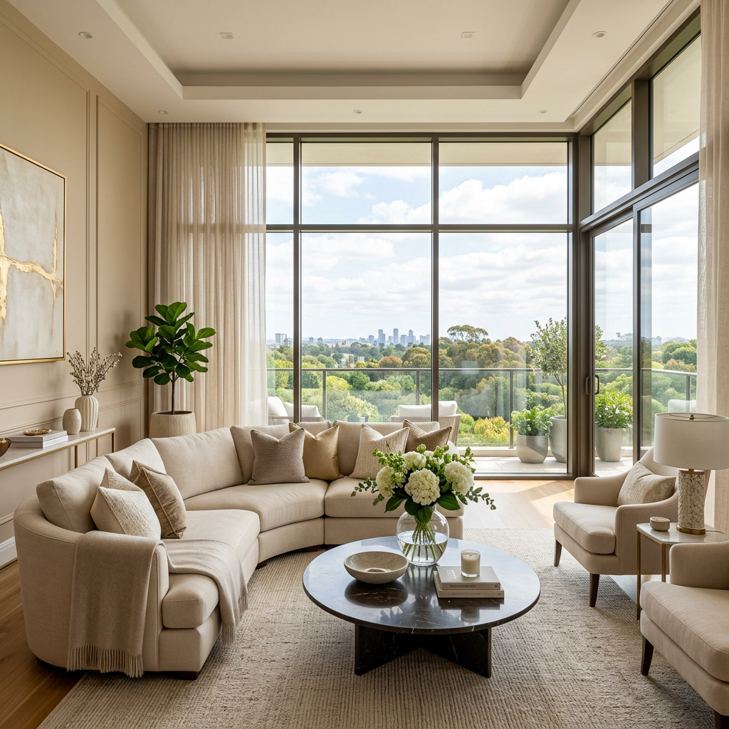 Bright modern living room with beige curved sofa, round black coffee table, and floor-to-ceiling windows showing city skyline and trees