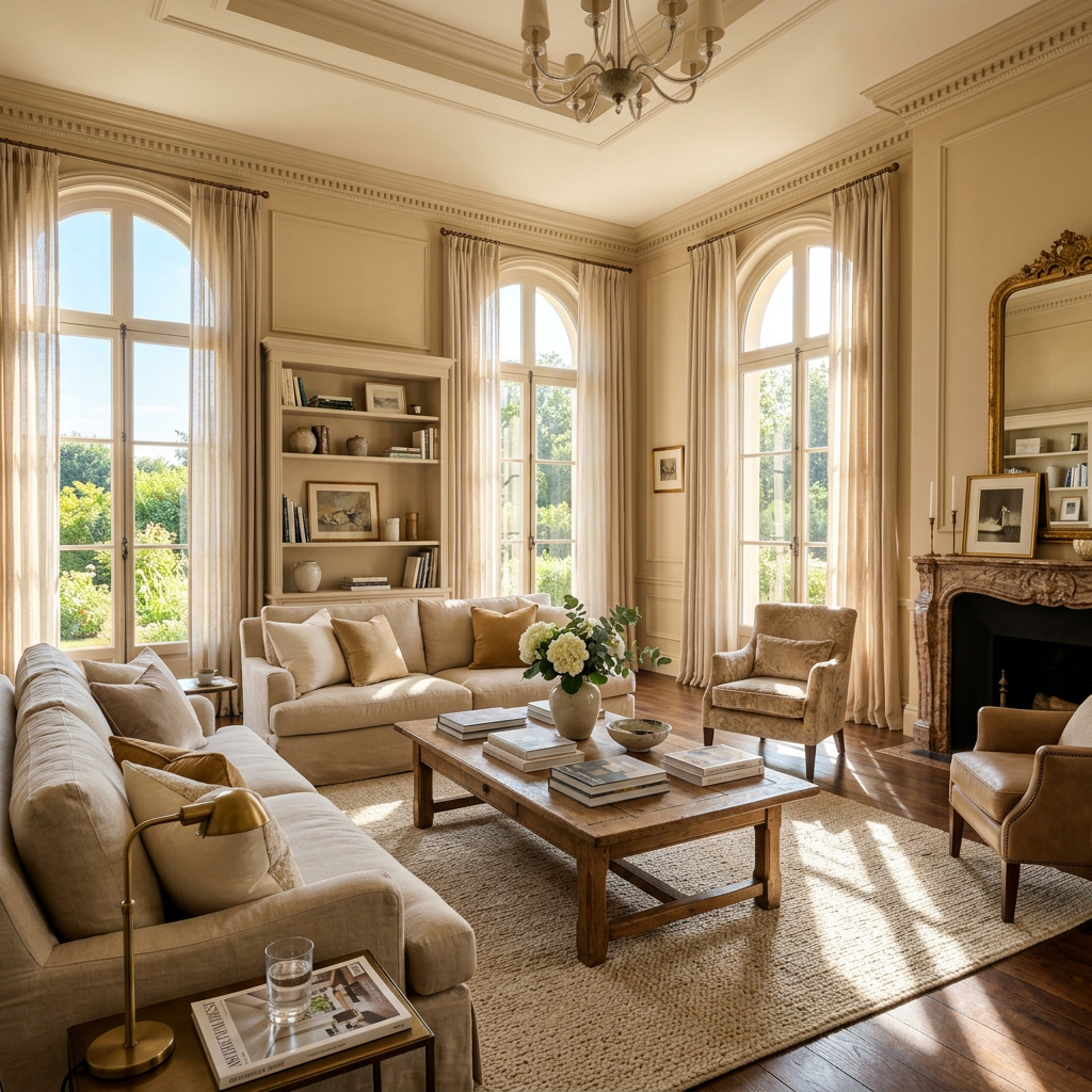 Spacious living room with beige sofas, wooden coffee table, and large arched windows