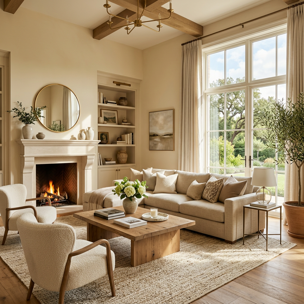 Neutral-toned living room with beige sofa, fireplace, wooden coffee table, and large windows with garden view