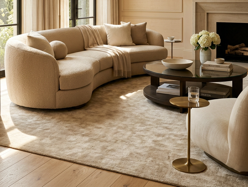Living room with curved beige sofa, abstract sculpture on pedestal, round coffee table, and large windows with curtains