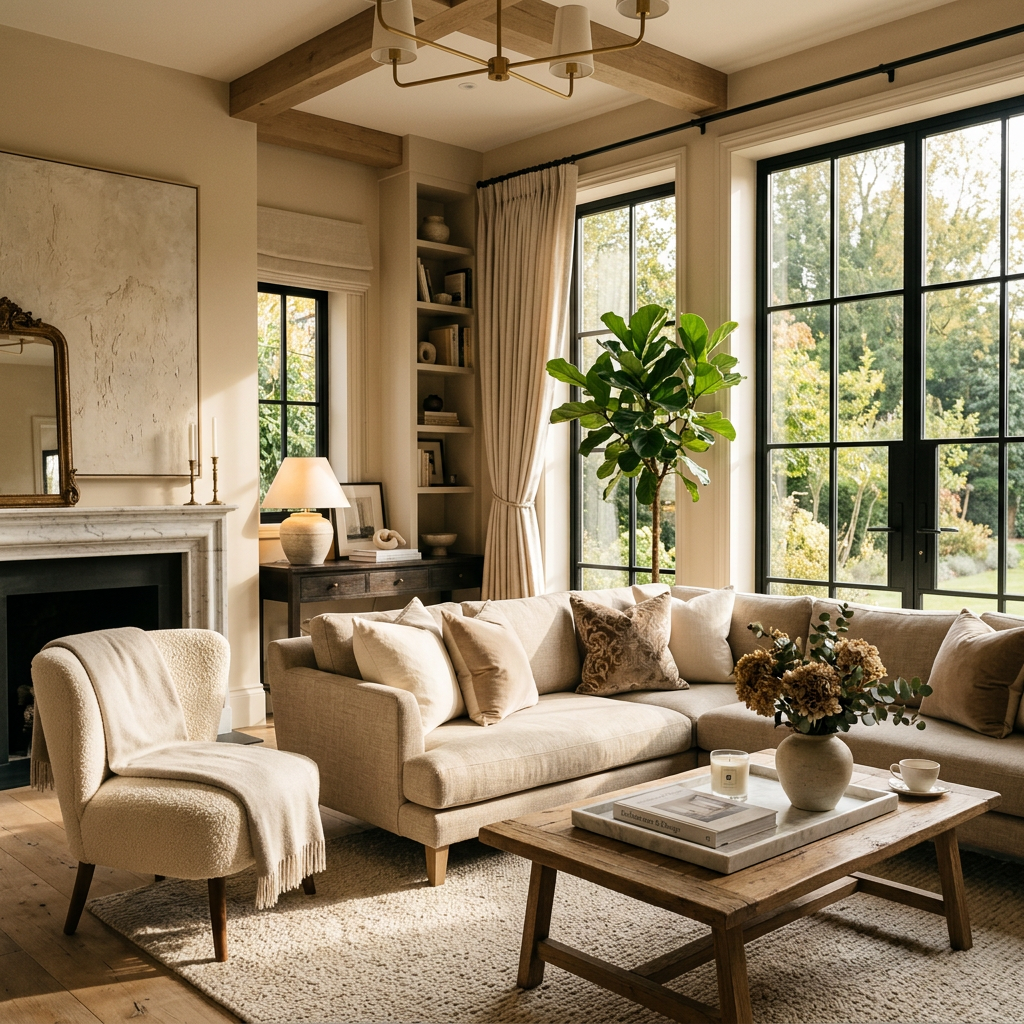 Luxurious beige living room with streaming light