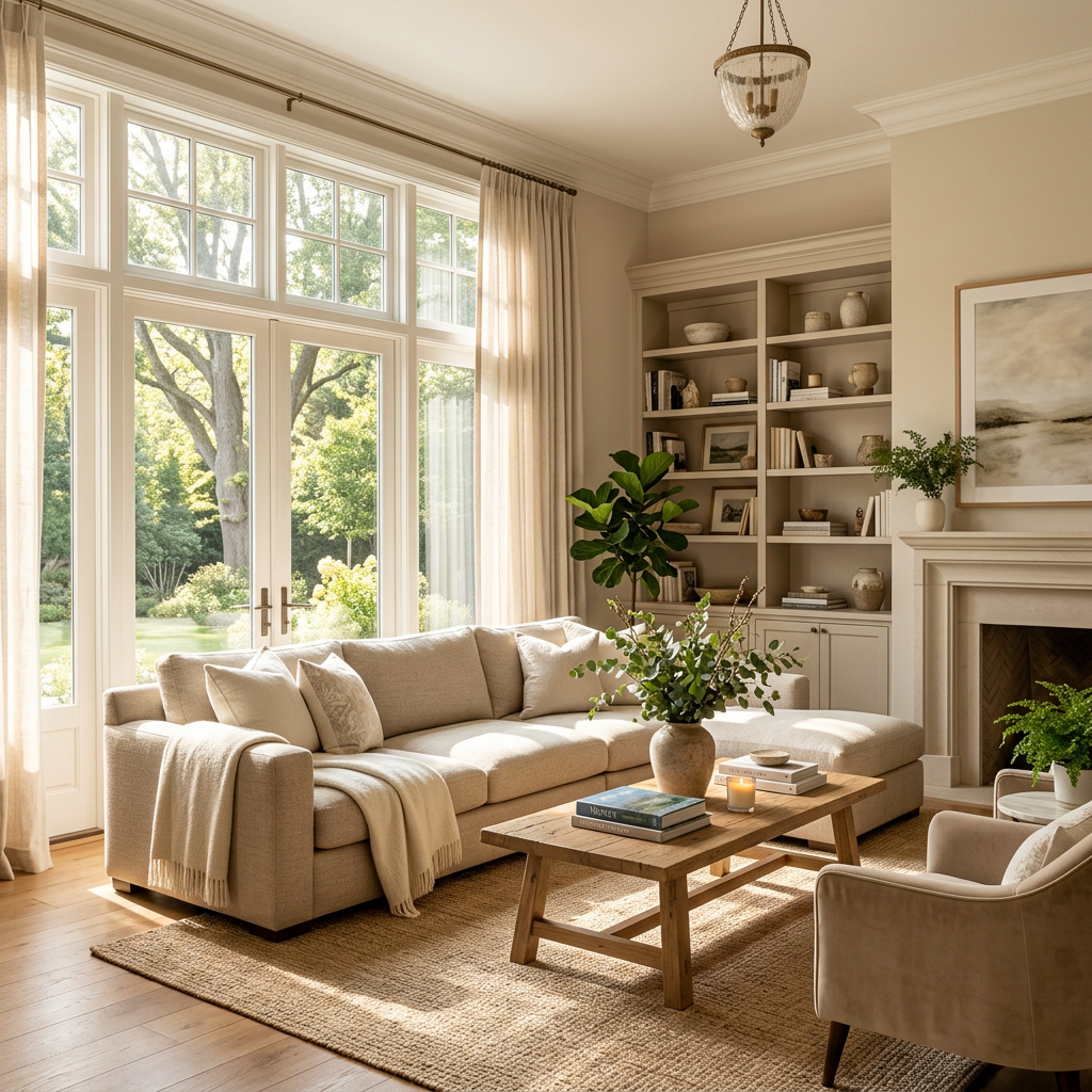 Living room with beige sectional sofa, wooden coffee table, indoor plants, bookshelf, and large windows showing green trees outside