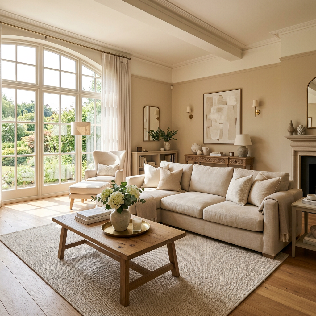 Bright living room with beige sofa, armchair, wooden coffee table, large arched window with garden view