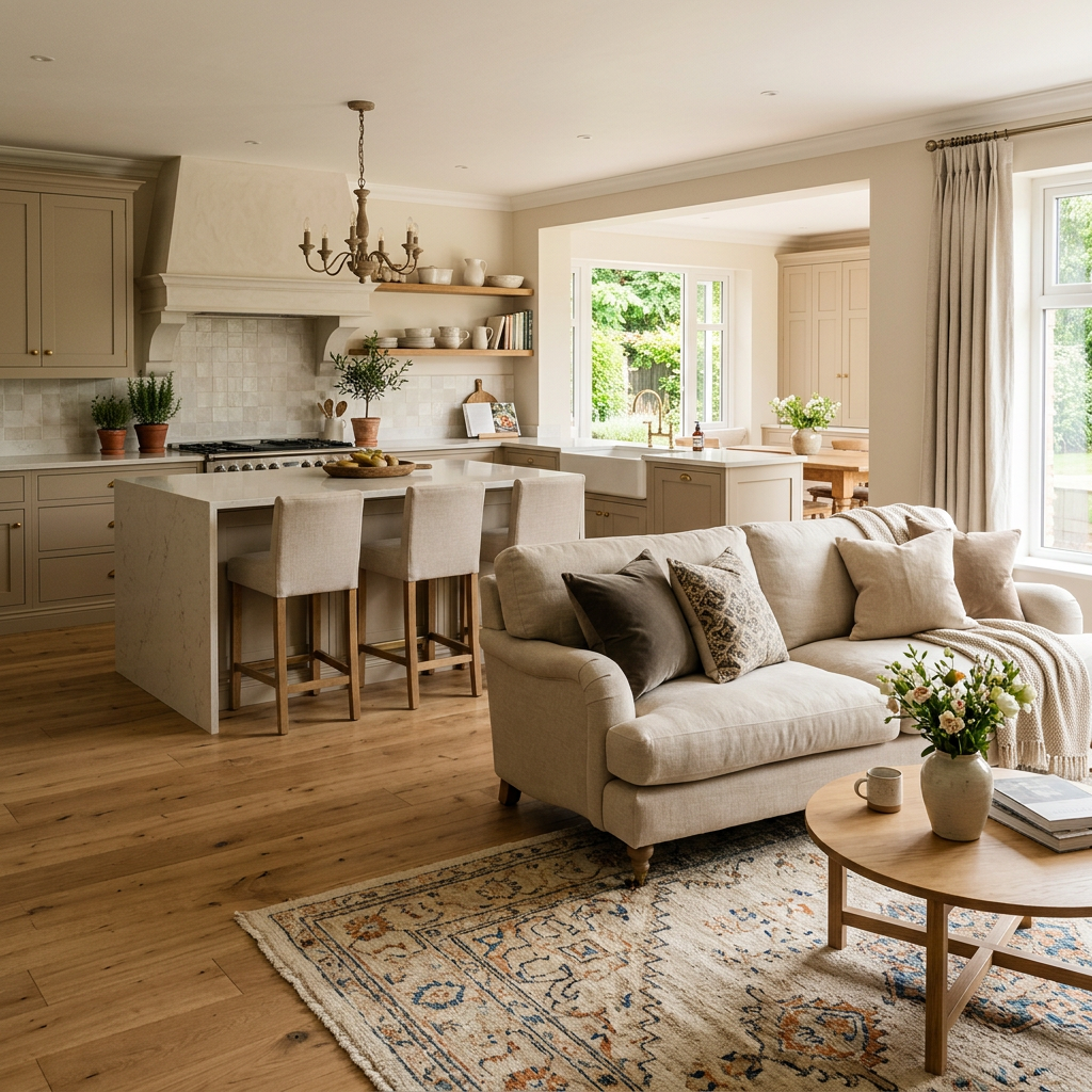 Luxurious sunlit beige kitchen with sofa and rug