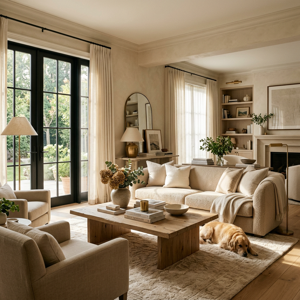 Neutral-toned living room featuring beige sofas, wooden coffee table, decorative plants, and a sleeping dog