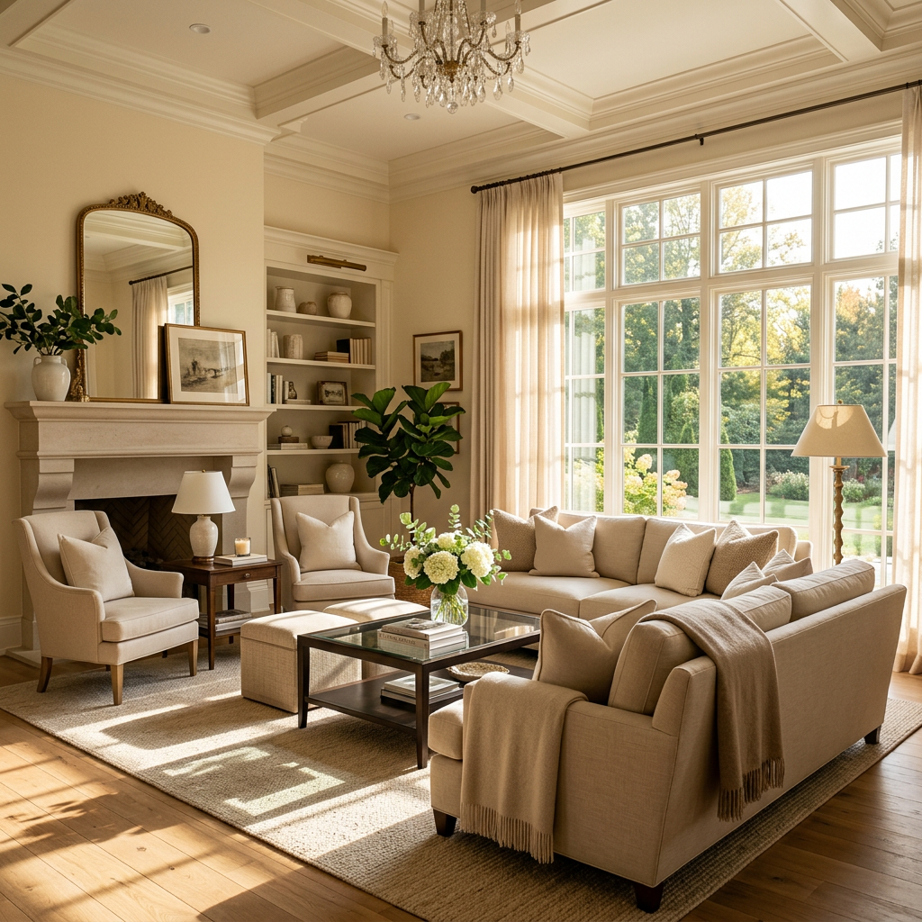Bright living room with beige sofa, armchairs, glass coffee table, and large windows.