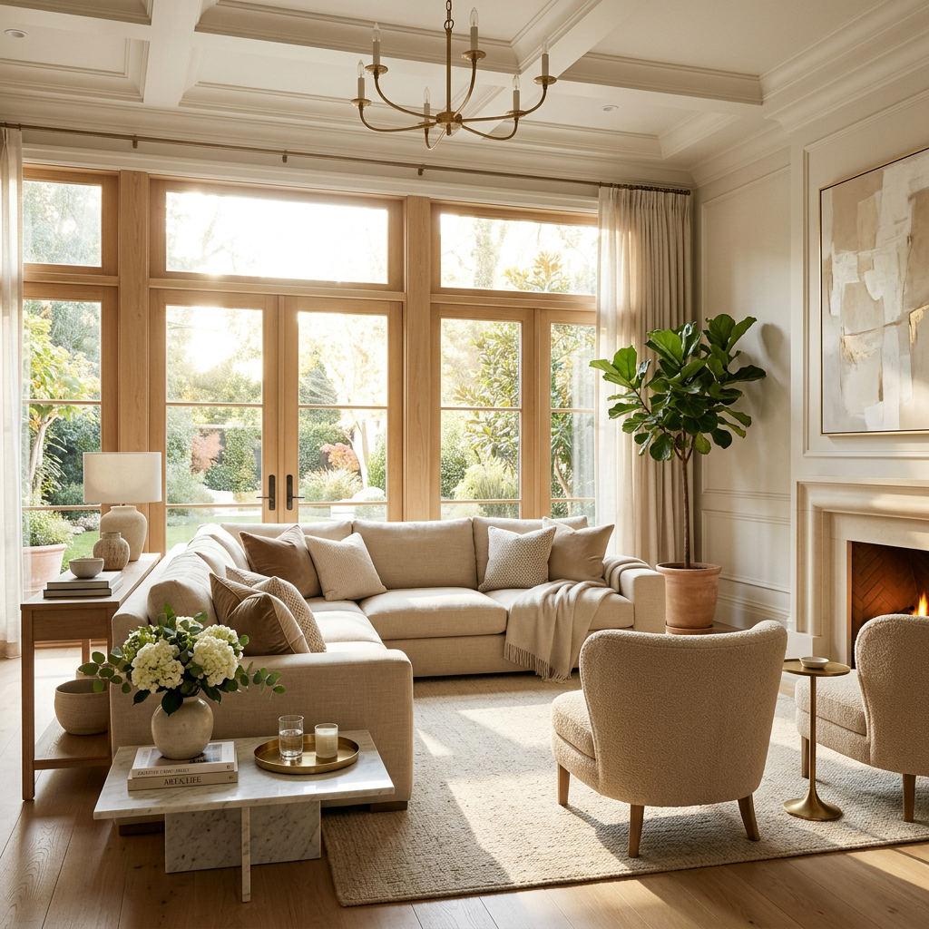 Living room with beige sectional sofa, armchairs, large windows, and fireplace.