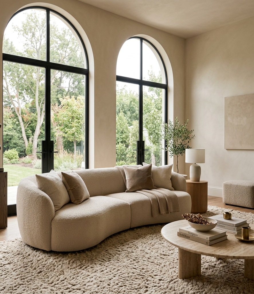 Living room with curved beige sofa, large arched windows, abstract sculpture, and natural decor