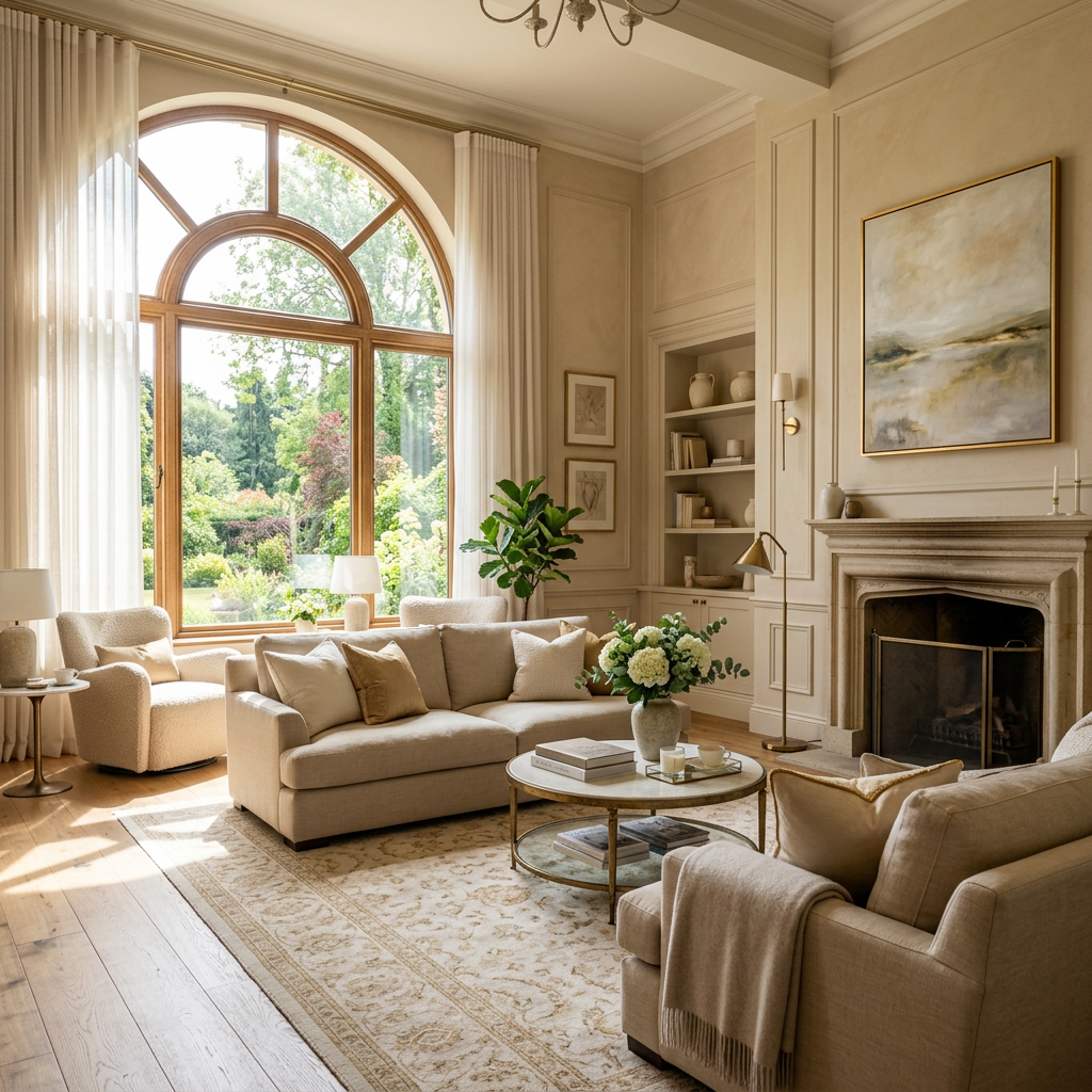 Bright living room with beige sofas, a round coffee table, and large arched window overlooking a garden