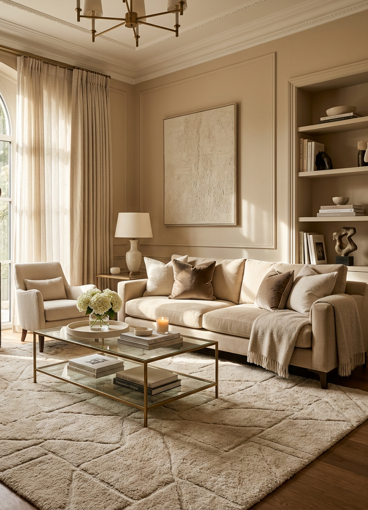 Living room with beige sofa, armchairs, glass coffee table, and abstract sculpture.