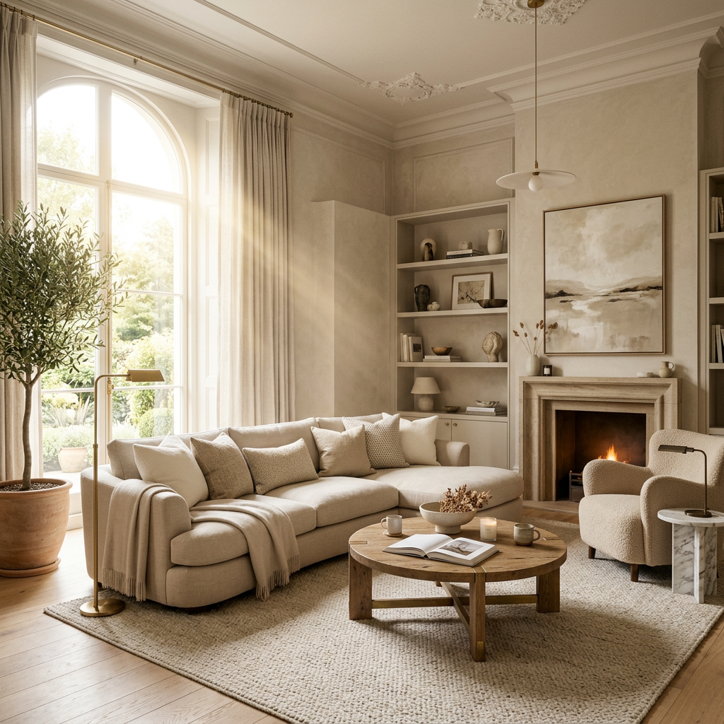 Neutral beige living room with large sofa, armchair, coffee table, and fireplace