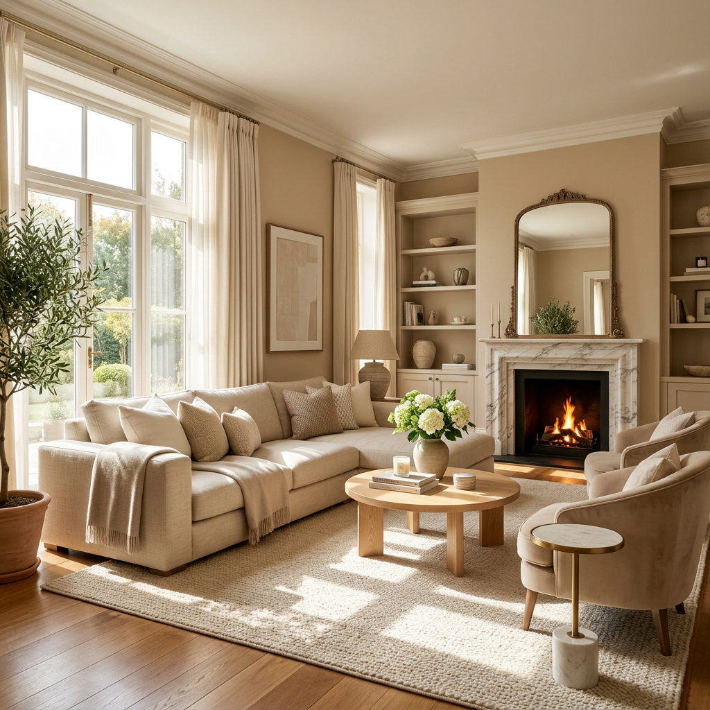 Bright living room with beige sofa, armchairs, fireplace, and natural light