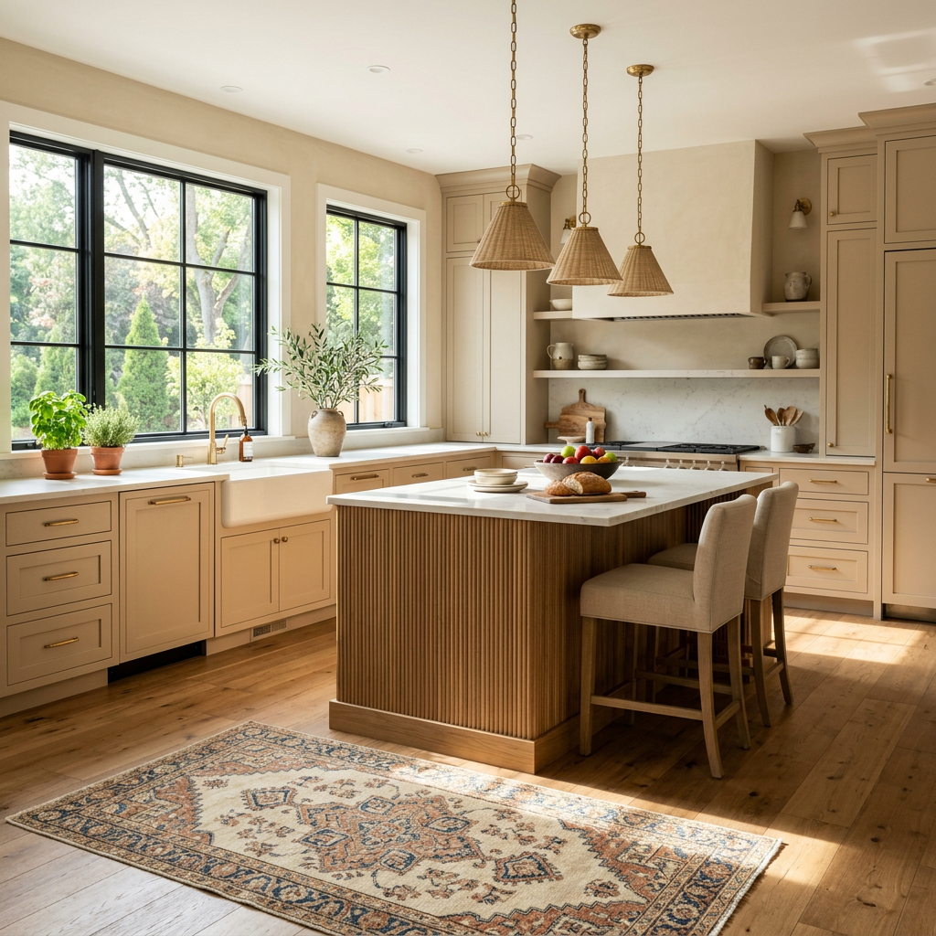 Farmhouse kitchen with beige cabinets, wooden island, pendant lights, and large windows