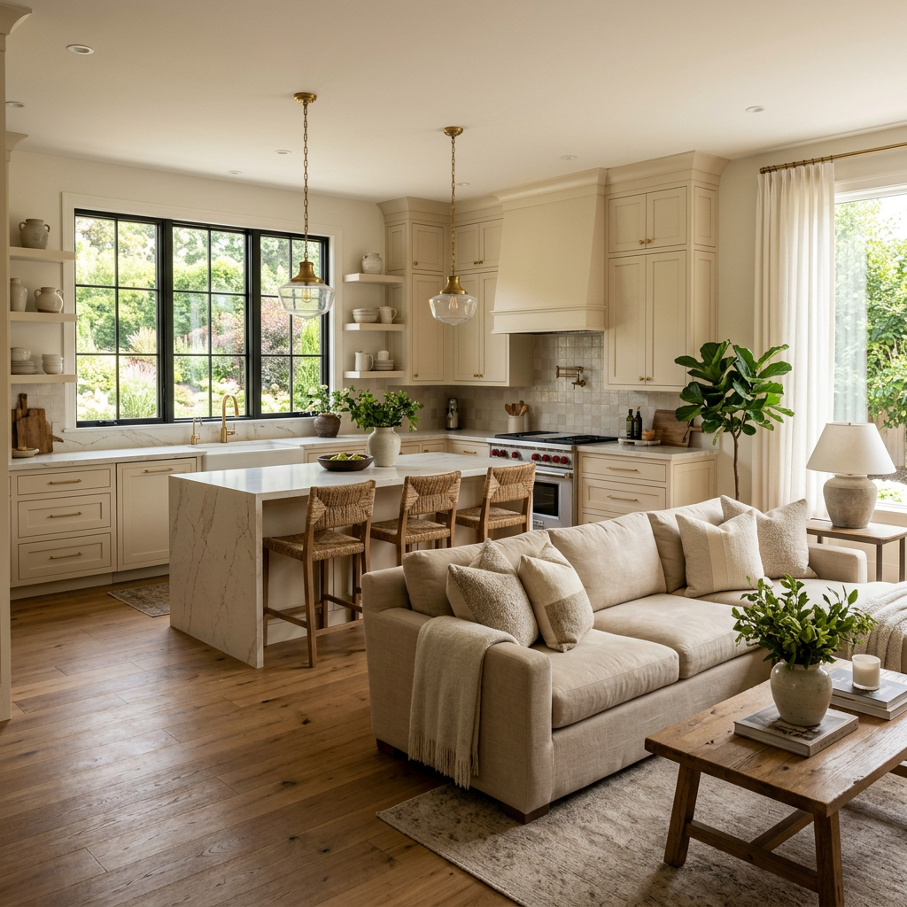 Bright open kitchen with island, woven bar stools, and adjacent cozy living room with beige sofa and wood coffee table