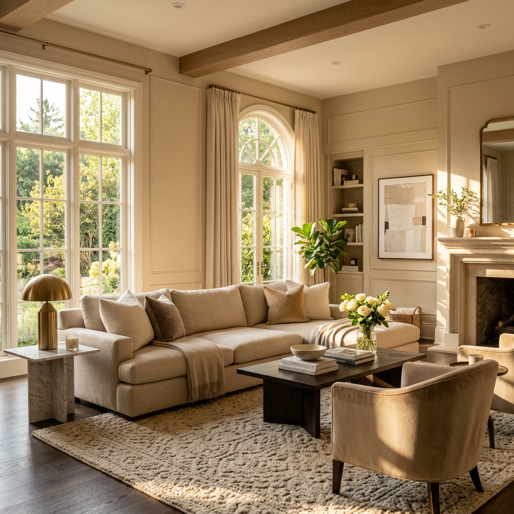 Luxurious beige living room with streaming light
