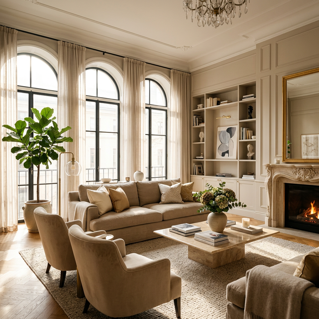 Spacious living room with beige sofas, armchairs, coffee table, fireplace, and large arched windows with sheer curtains