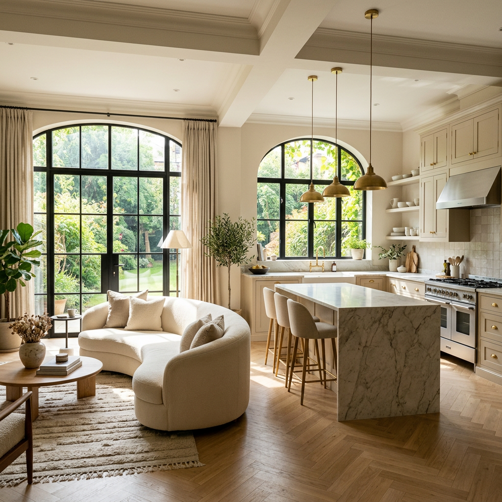 Bright kitchen with marble island, beige cabinetry, curved cream sofa, and large arched windows