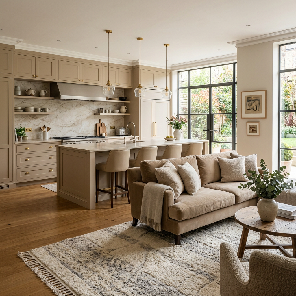 Open-plan kitchen and living room with beige cabinetry, sofa, and large windows
