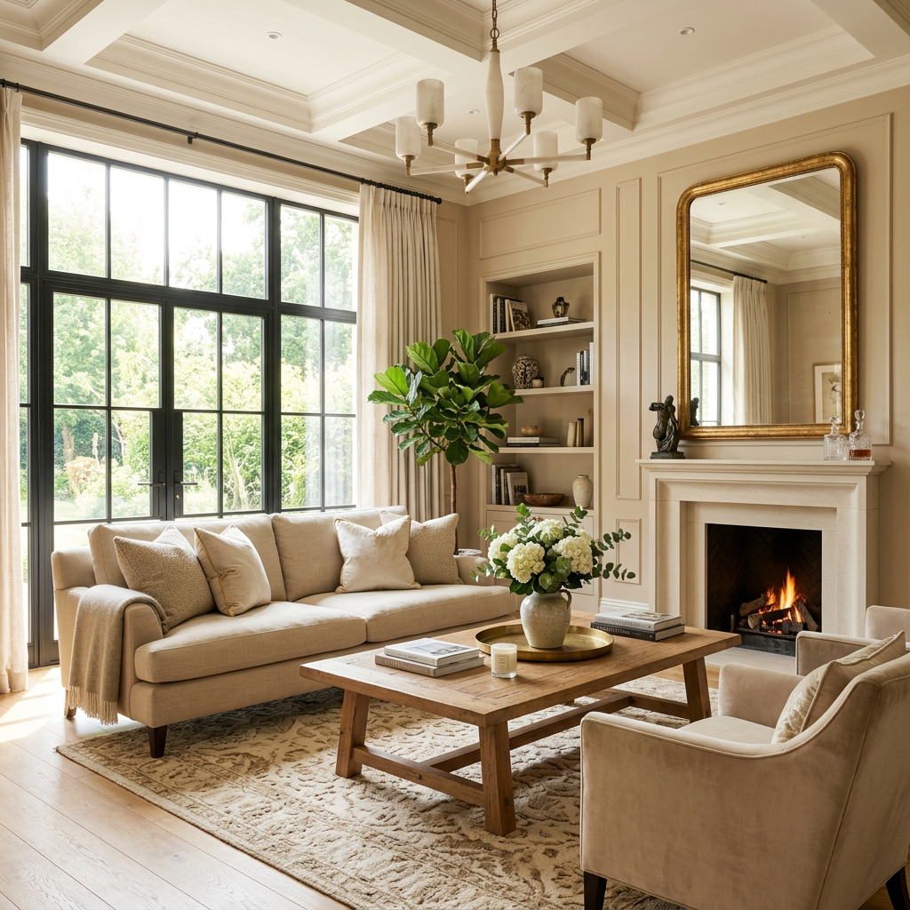 Living room with beige sofa, armchair, wooden coffee table, fireplace, large window, and indoor plant