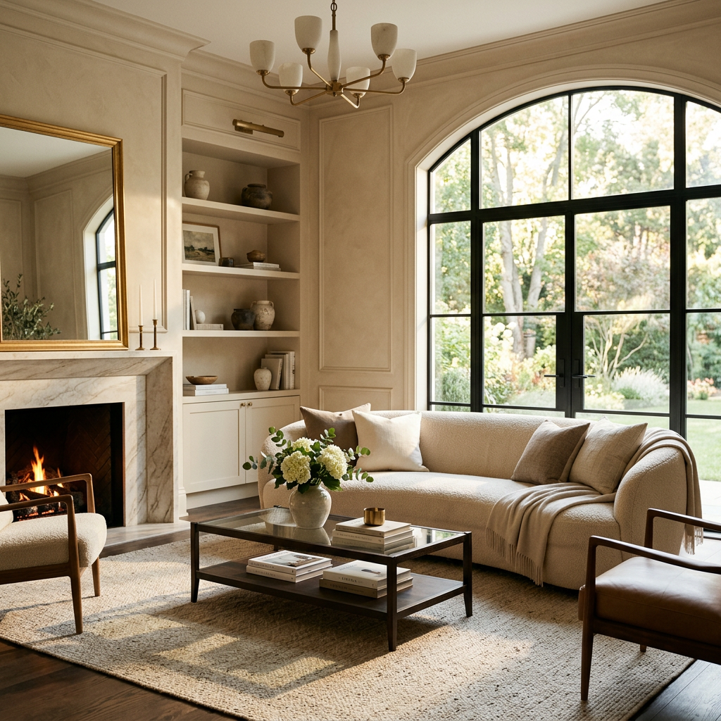 Living room with curved sofa, coffee table, fireplace, and large arched window overlooking garden