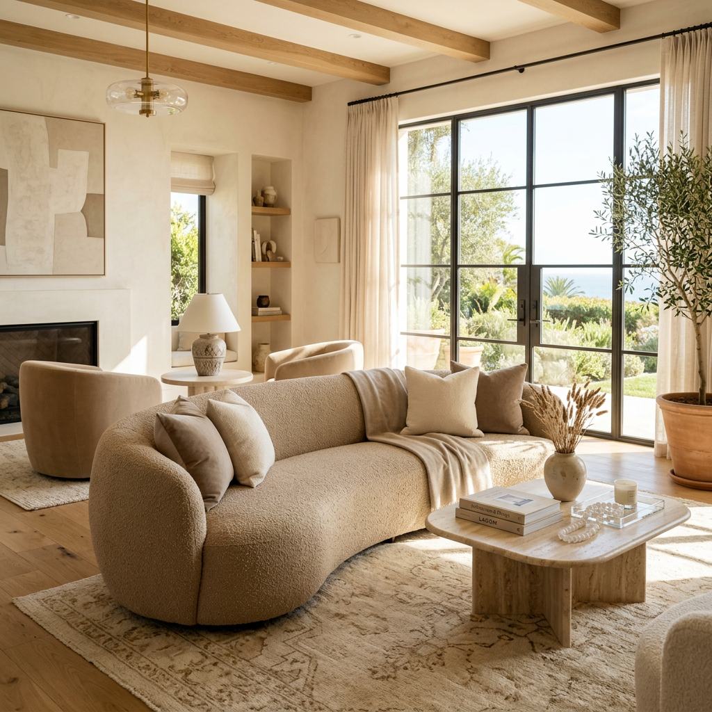 Cozy living room with curved sofa, large windows, and natural decor