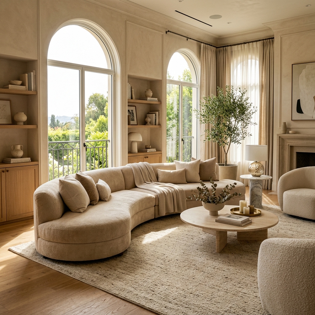Neutral-toned living room with curved sofas, round coffee table, and tall arched windows