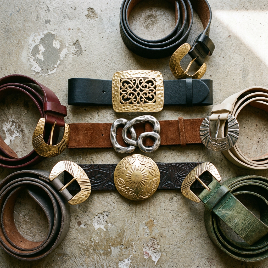 Six leather belts with ornate gold and silver buckles arranged on a textured beige surface