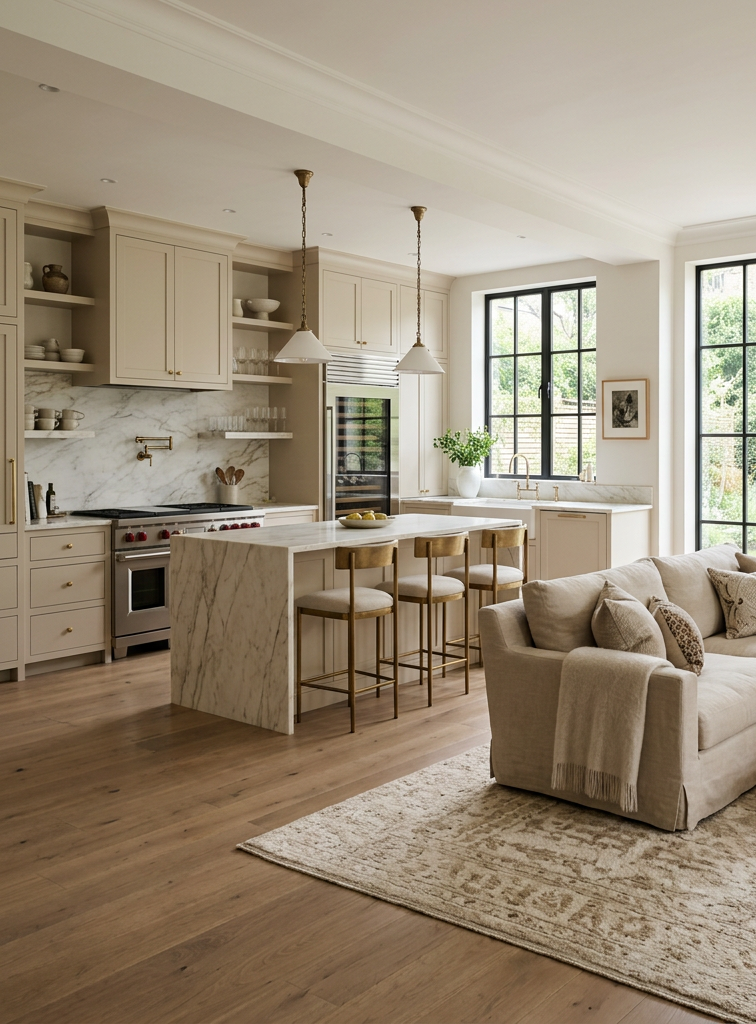 Open-plan kitchen and living room with beige cabinetry, marble island, sofa, and large windows