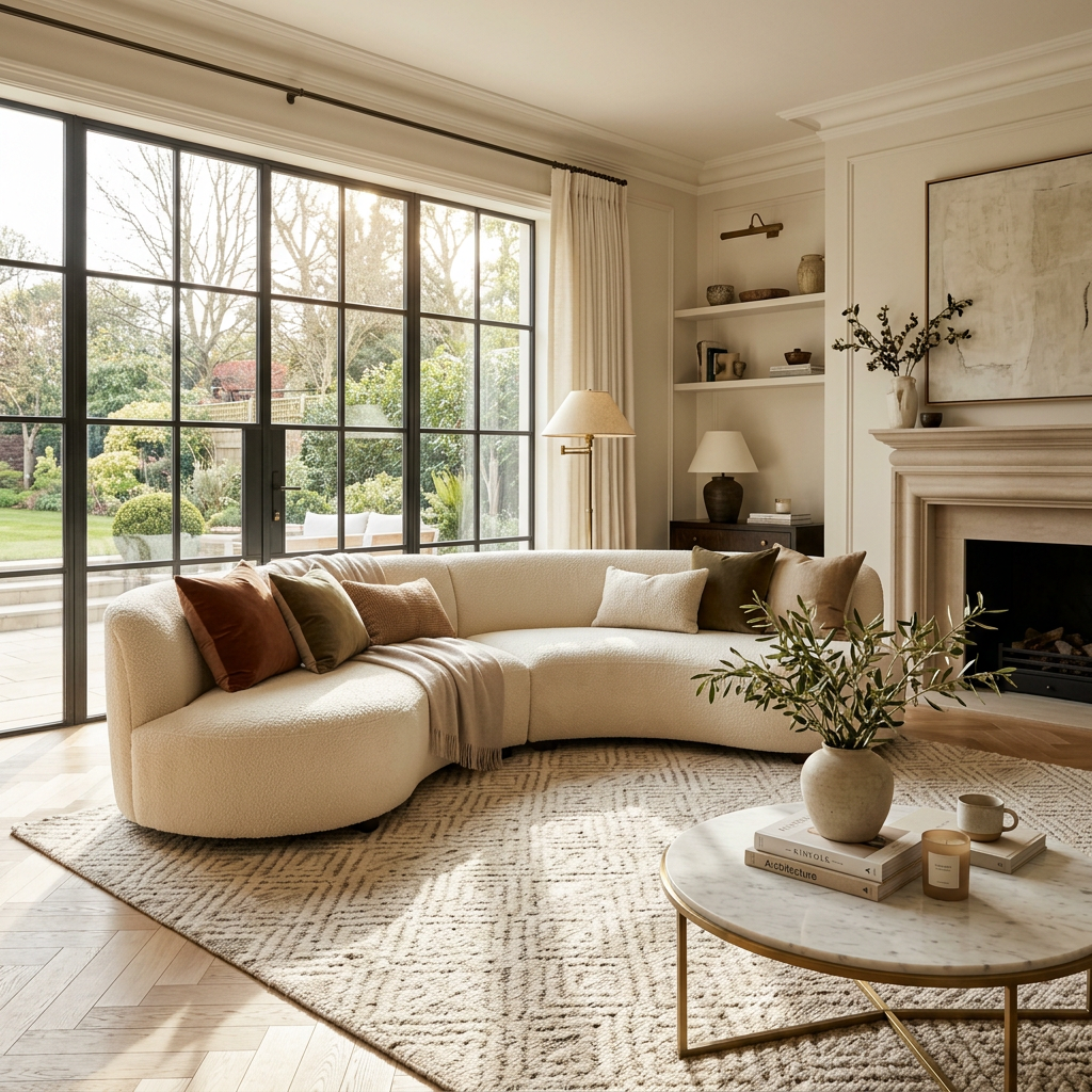 Curved cream sofa with cushions and throw beside large black-framed windows showing garden