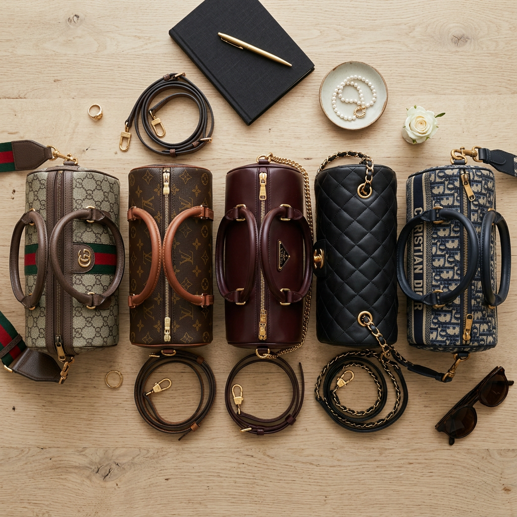 Five luxury designer handbags lined up with matching straps, rings, pearl bracelet, notebook, pen, white rose, and sunglasses