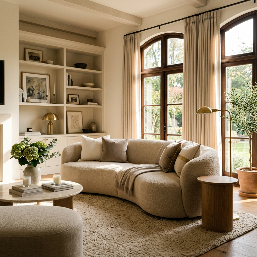 Curved beige sofa with cushions, round wooden tables, large arched windows with beige curtains, built-in shelves with decor, and indoor plant.