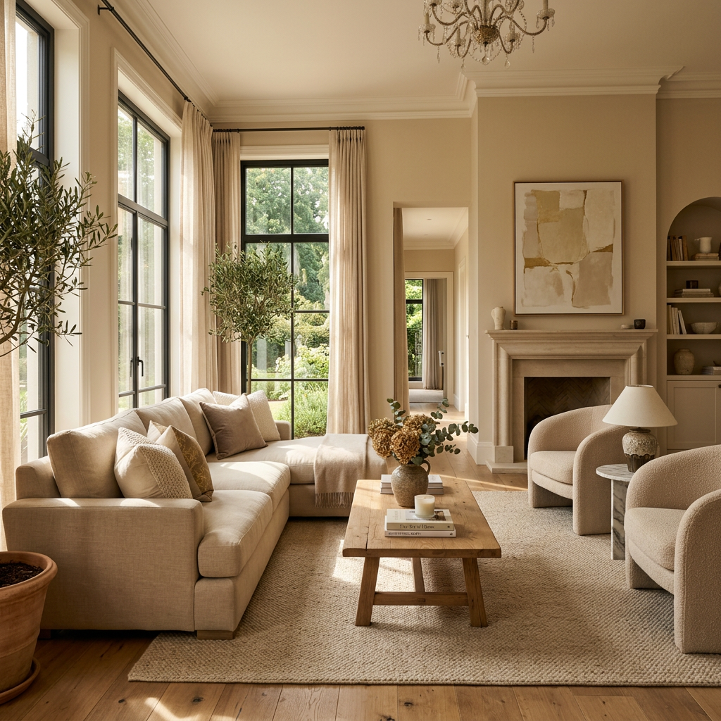 Neutral-toned living room with beige sofa, armchairs, wooden coffee table, and large windows