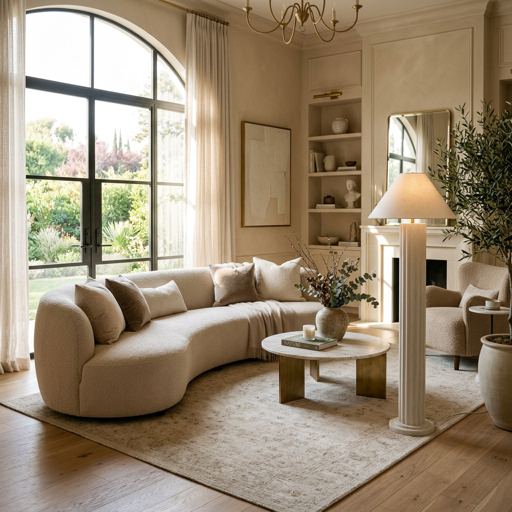 Curved beige sofa with cushions, round coffee table, floor lamp, armchair, large window with garden view