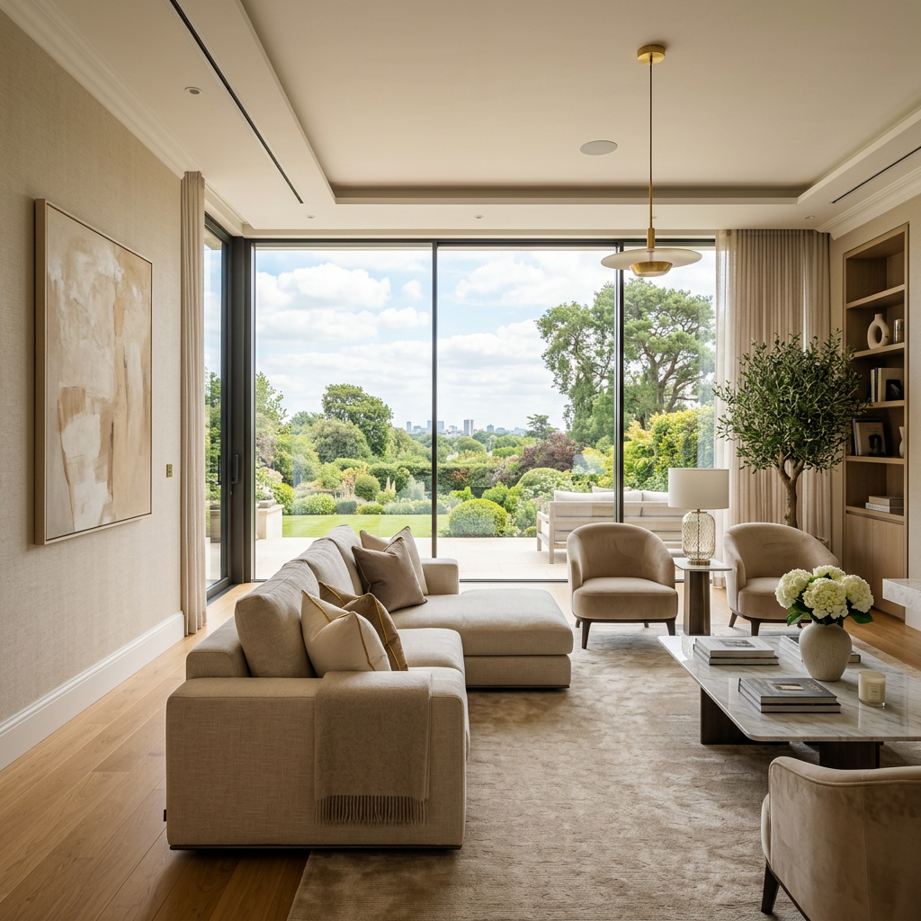 Spacious living room with beige sofa, armchairs, coffee table, and large windows showing a green garden