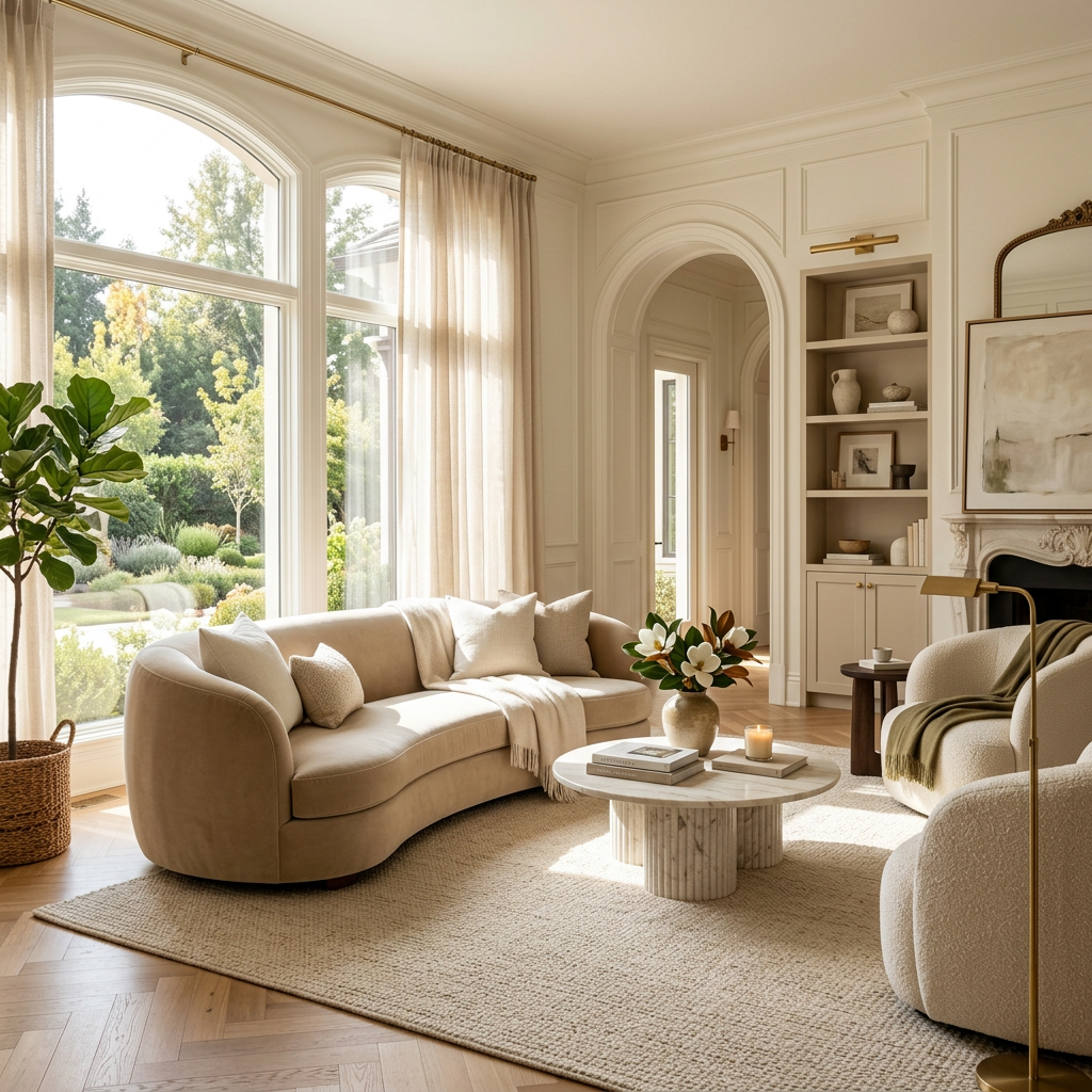 Living room with beige curved sofa, armchair, round marble coffee table, large windows, and neutral decor