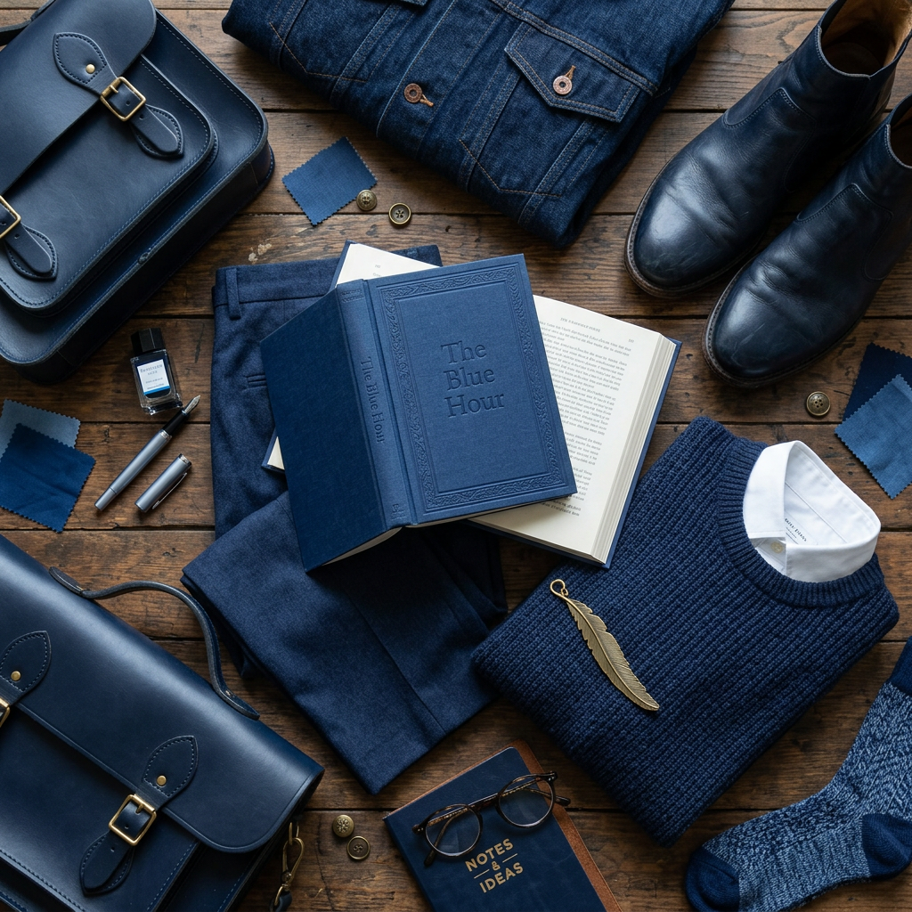 Blue clothing items including sweater, jeans, and socks with leather bags, shoes, books, and accessories