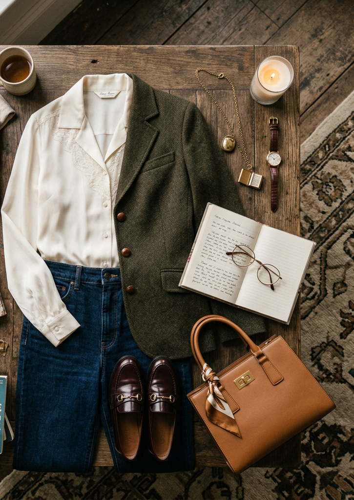 White blouse, green blazer, blue jeans, brown loafers, tan handbag, vintage books, notebook, watch, necklace, glasses, and candle on wooden table