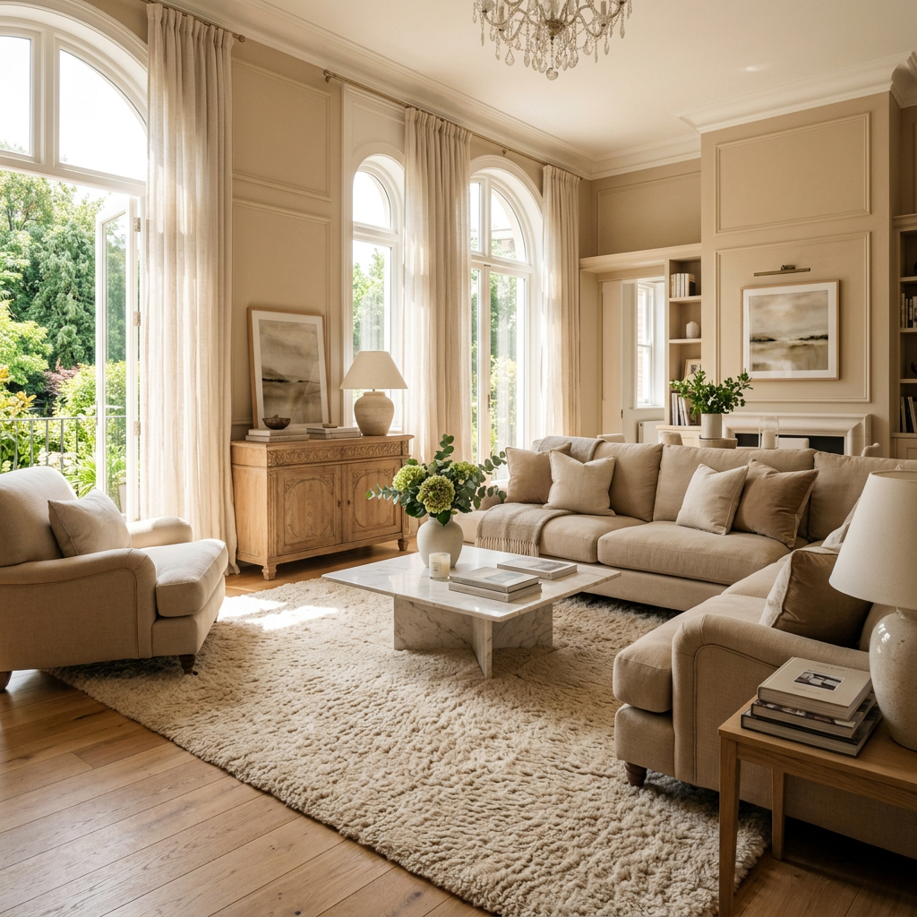 Living room with beige sofas, armchairs, a marble coffee table, and tall arched windows