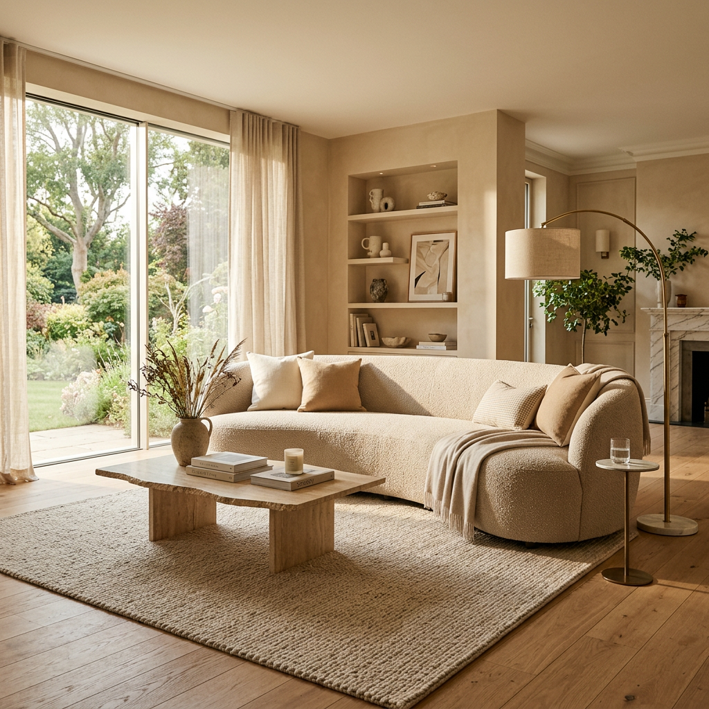 Curved beige sofa with pillows, wooden coffee table, floor lamp, and garden view through large window