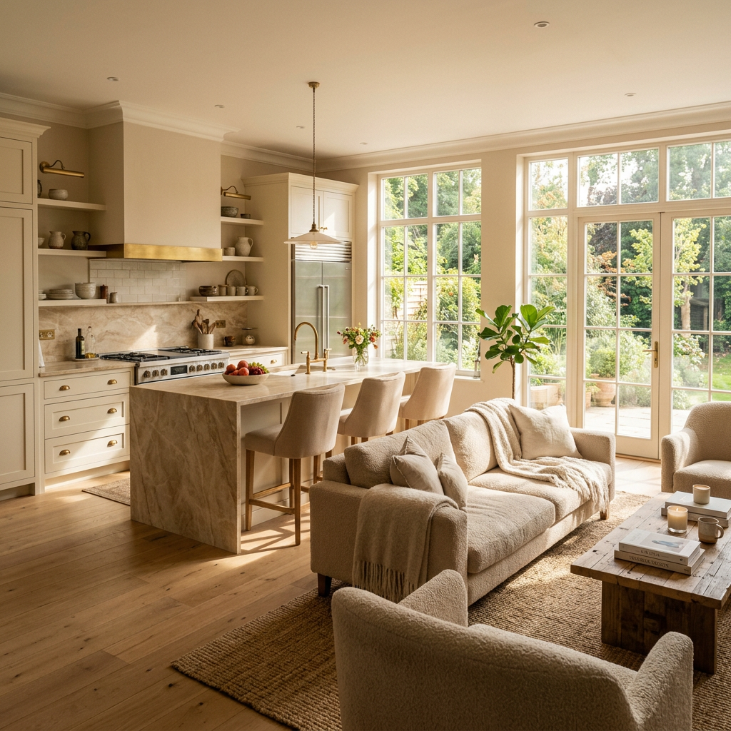 Open-plan kitchen and living room with beige furniture, marble island, and large windows overlooking garden