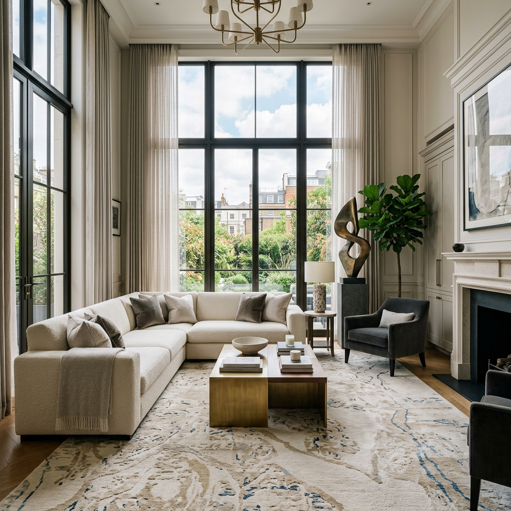 Bright living room with white sectional sofa, large floor-to-ceiling windows, gray armchairs, and decorative sculpture
