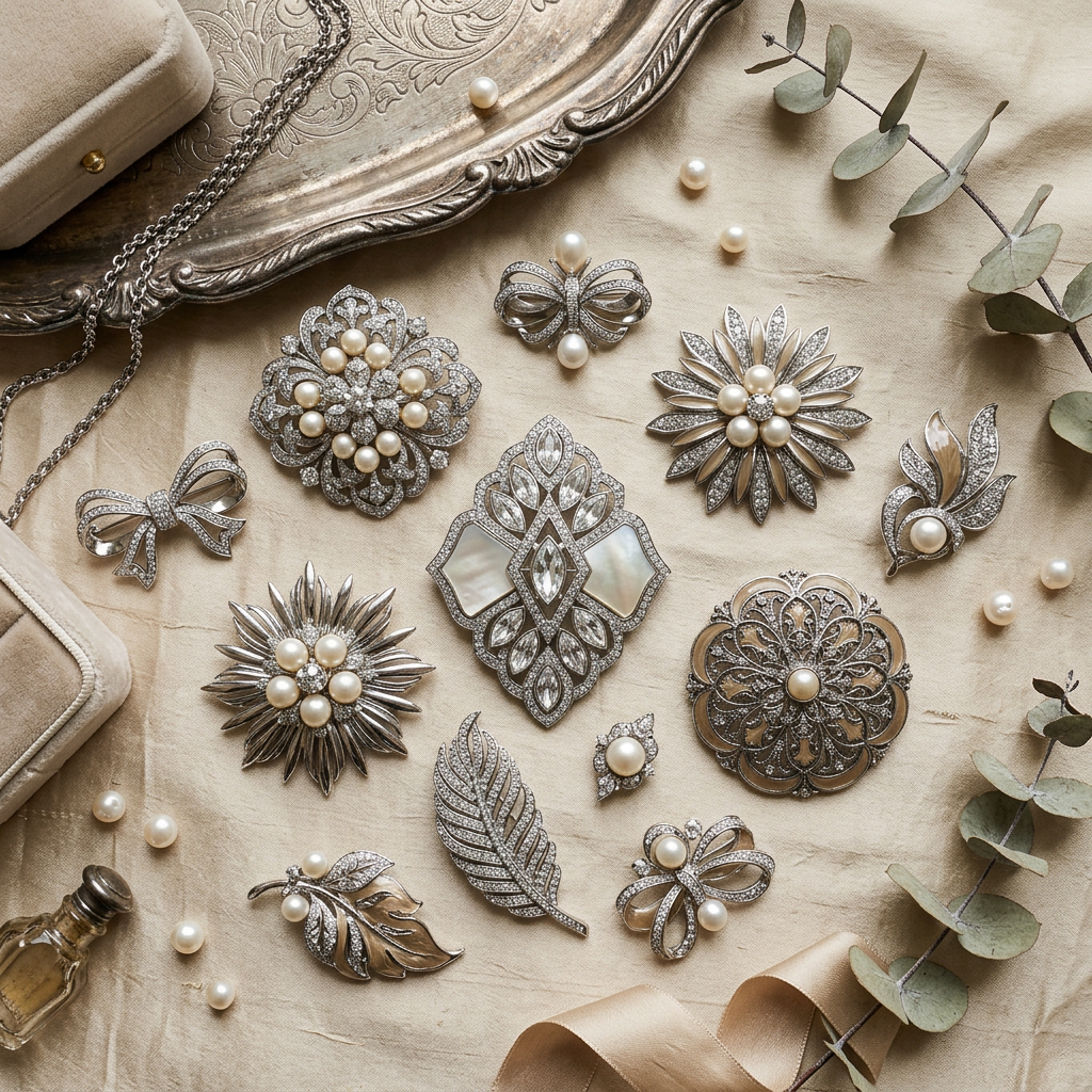 Luxury flat lay silver beige statement brooches