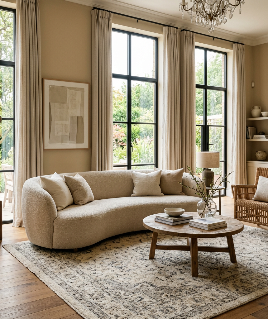 Curved beige sofa with cushions in front of large black-framed windows showing garden